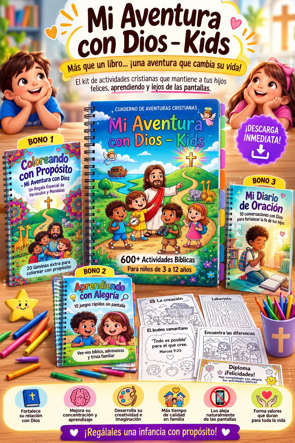 Kit Mi Aventura con Dios Kids con el cuaderno principal y los tres bonos