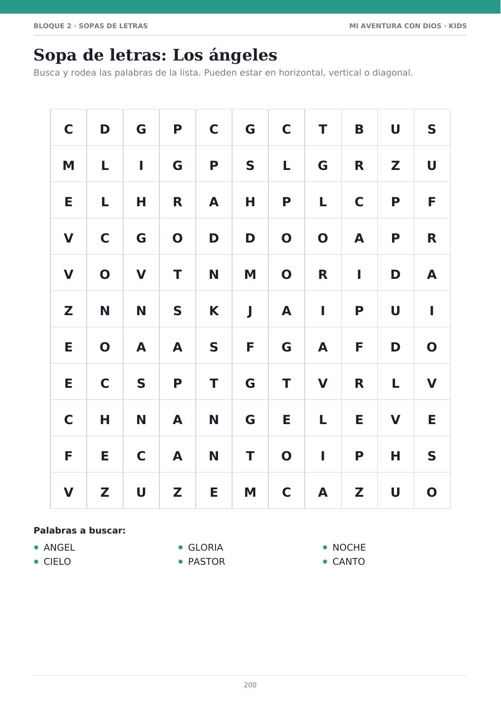 Sopa de letras: los ángeles — página interior del libro de actividades cristianas para niños