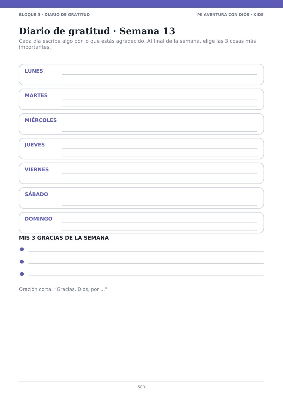 Diario de gratitud semanal — página interior del libro de actividades cristianas para niños